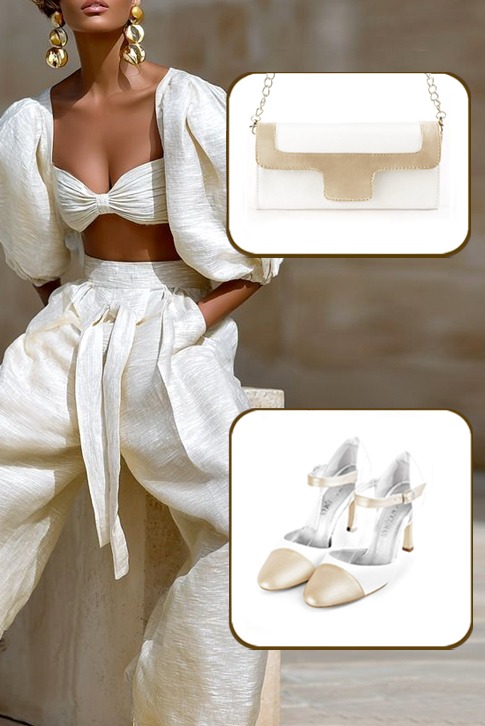 Women's gold and pure white elegant closed-back heels, with an instep strap. Round toe. High slim heel - Worn view